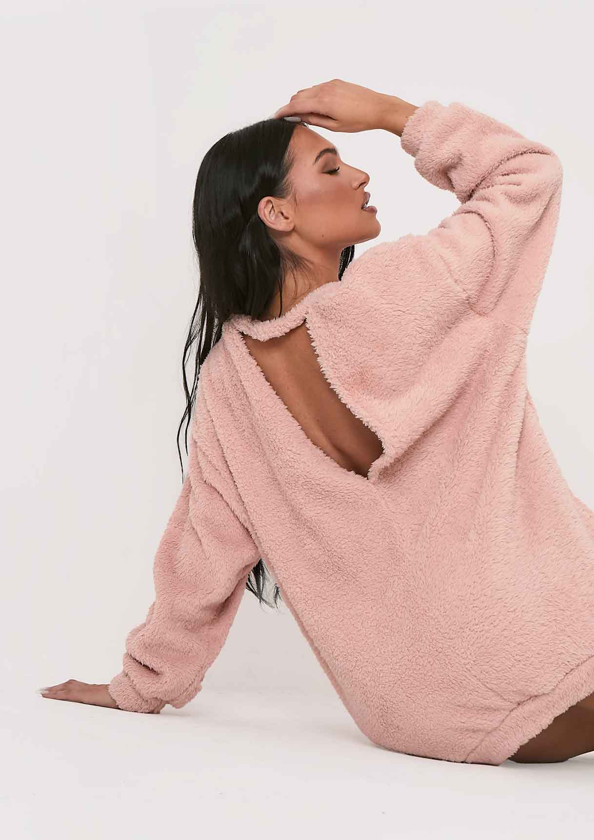 Bethany Pink Fluffy Borg V Back Jumper Dress