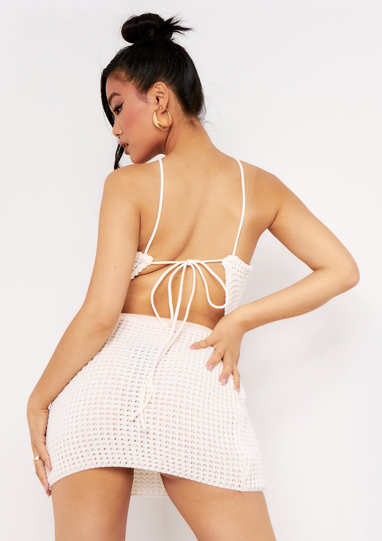 Emma Ivory Tie Back Knitted Pointed Hem Crop Top