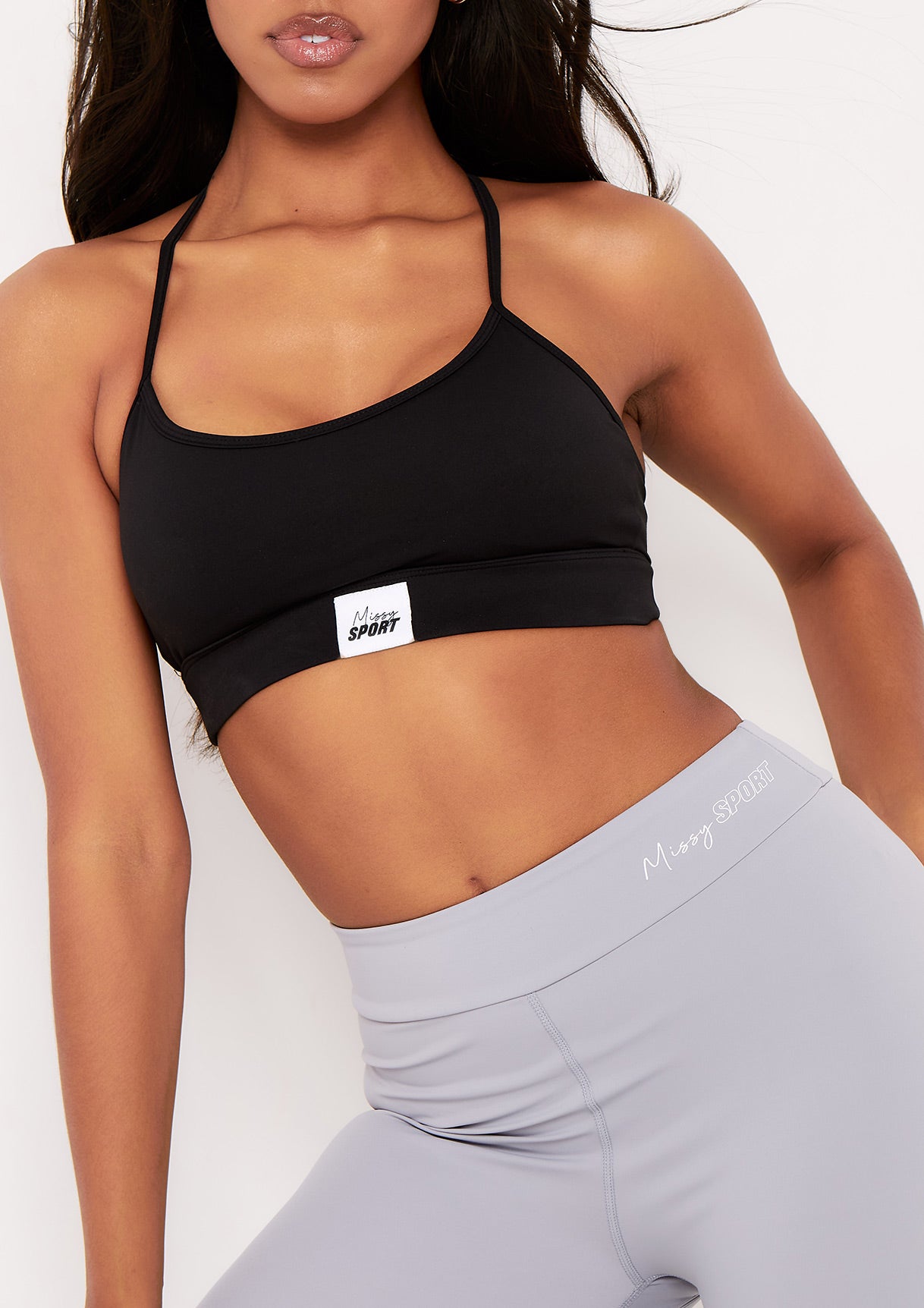 Elena Black Missy Sport Tab Logo Thick Strappy Gym Crop Top