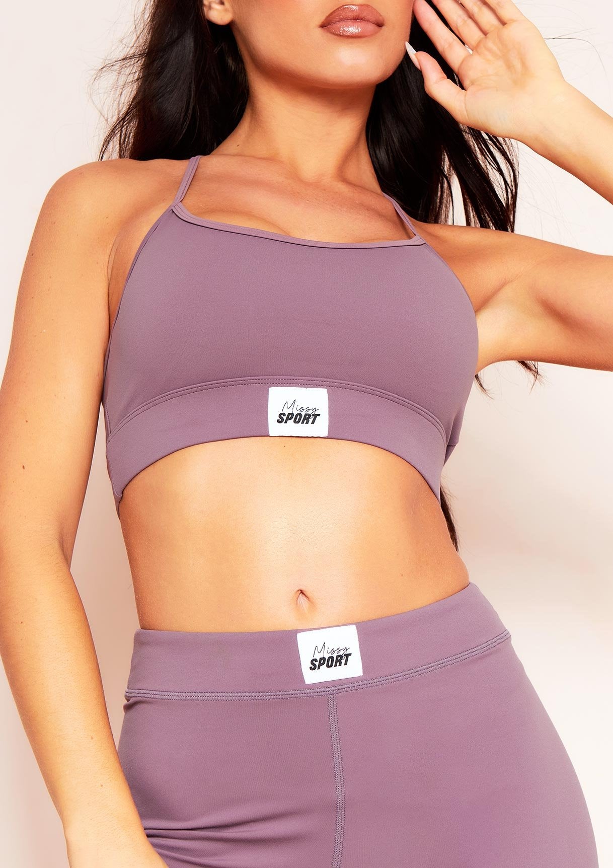 Elena Purple Missy Sport Tab Logo Thick Strappy Gym Crop Top