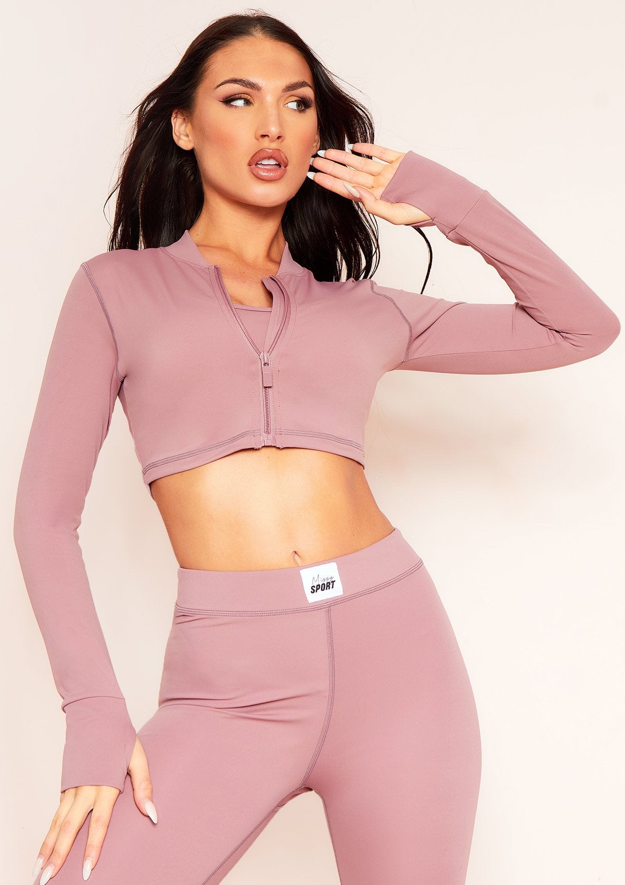 Malin Rose Missy Sport Tab Logo Thick Gym Long Sleeve Crop Jacket