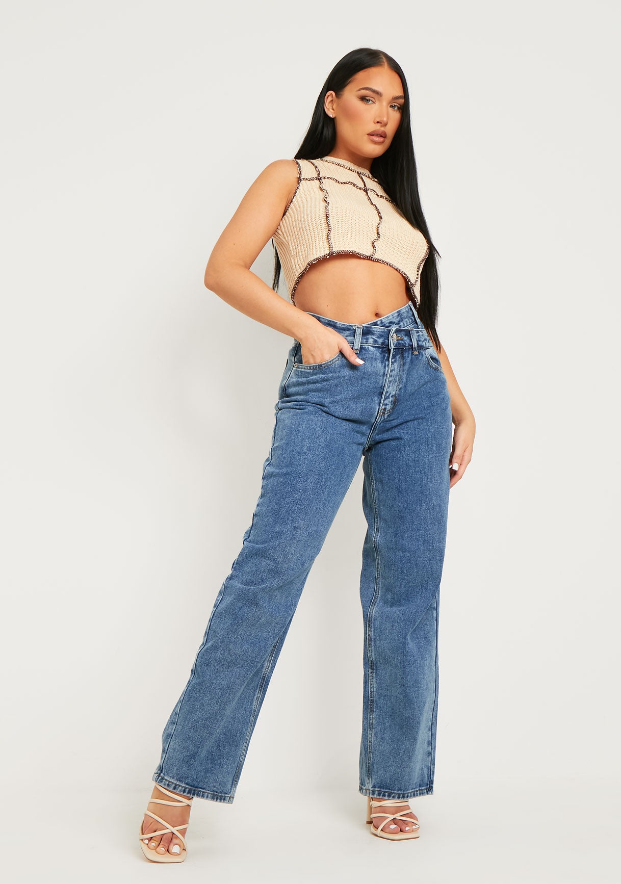 Elise Mid Wash Waist Button Detail Loose Fit Straight Leg Jeans