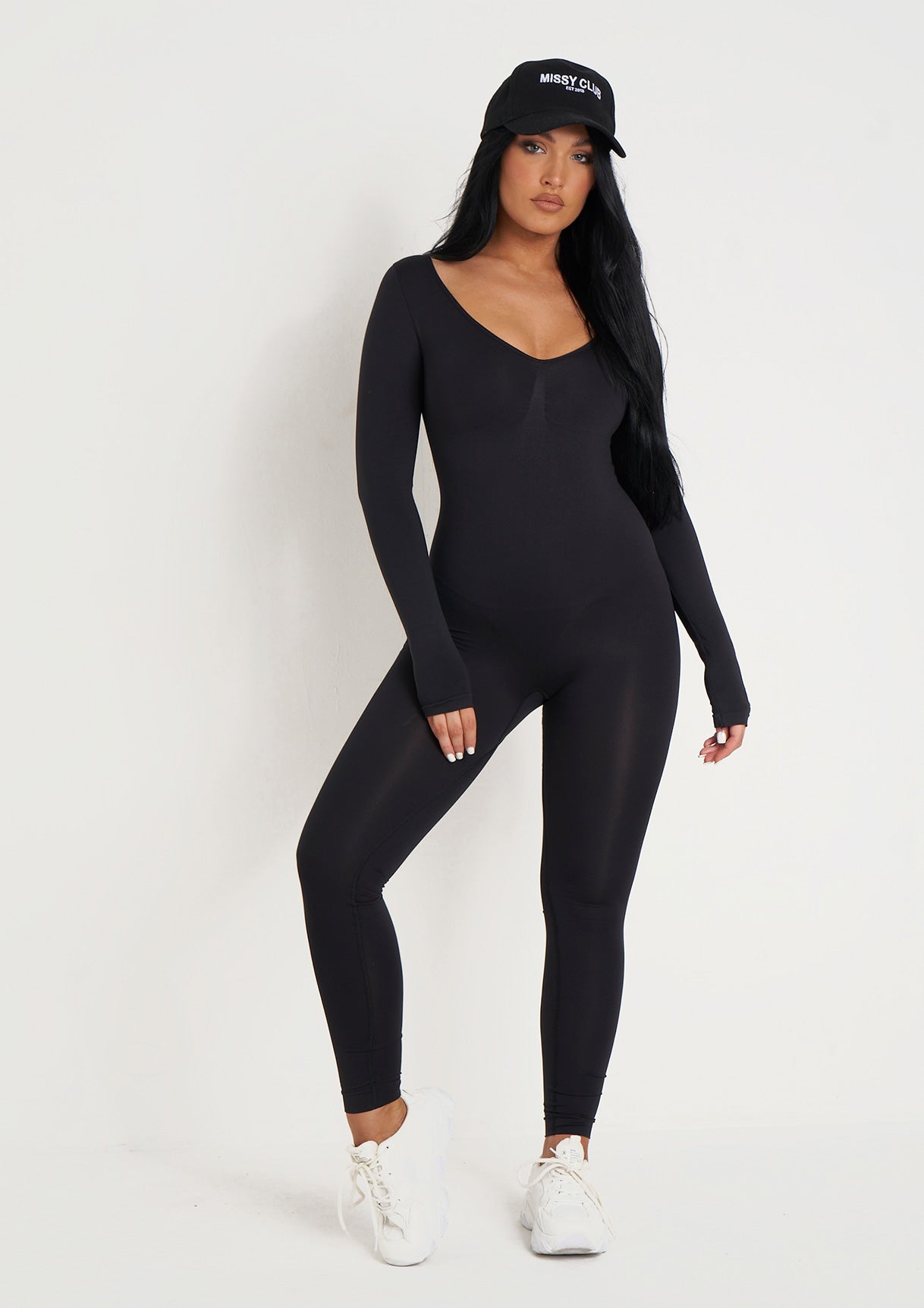 Amelia Black Seamless Long Sleeve Plunge Jumpsuit