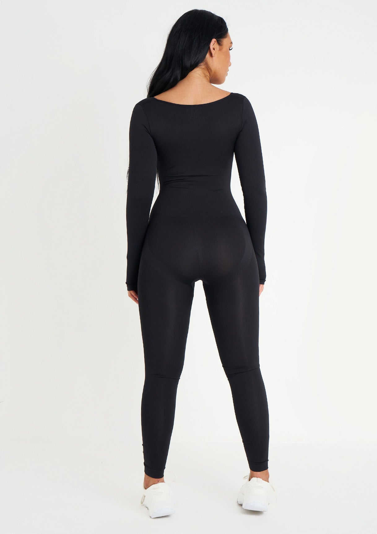 Amelia Black Seamless Long Sleeve Plunge Jumpsuit