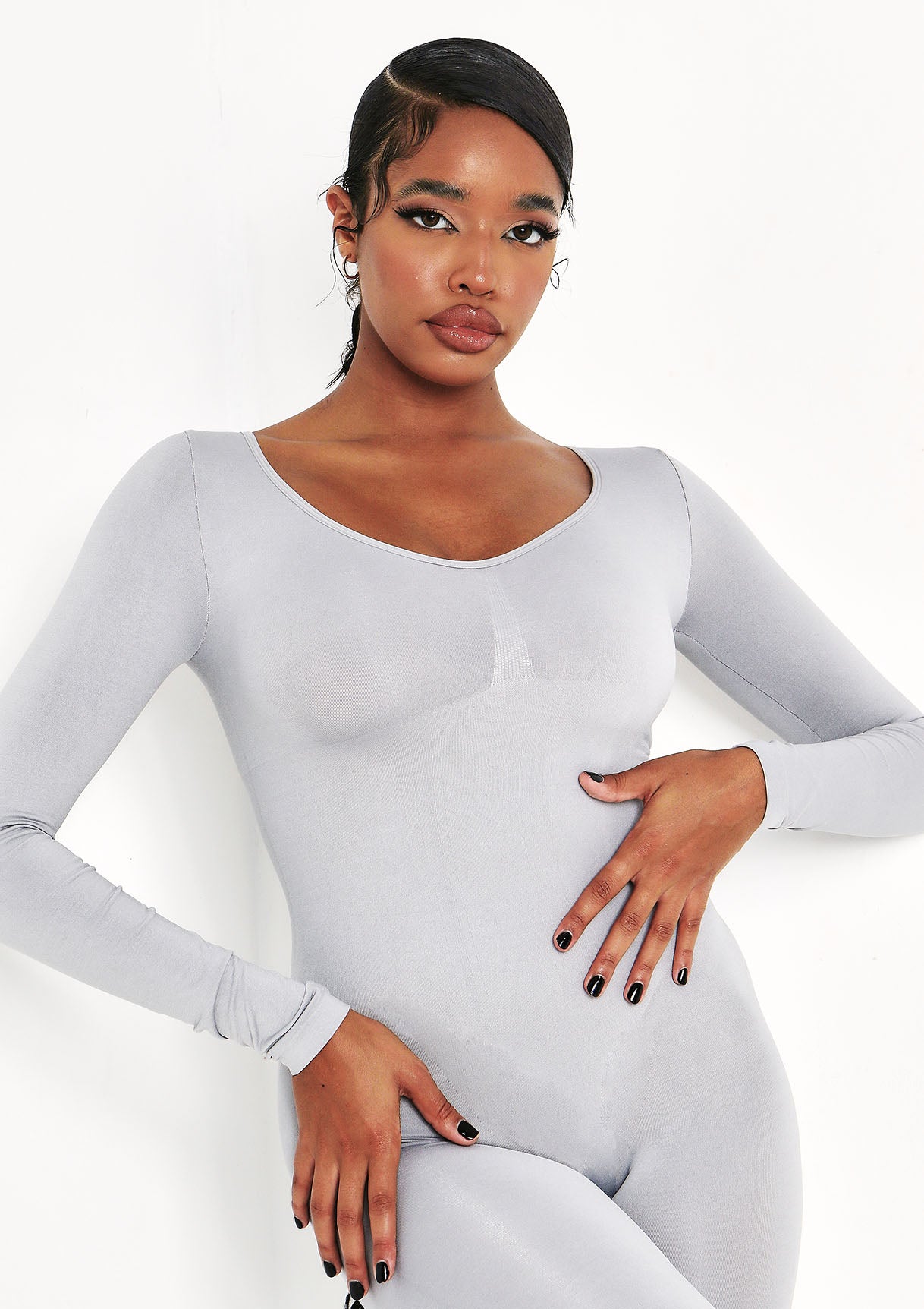 Amelia Grey Seamless Long Sleeve Plunge Jumpsuit