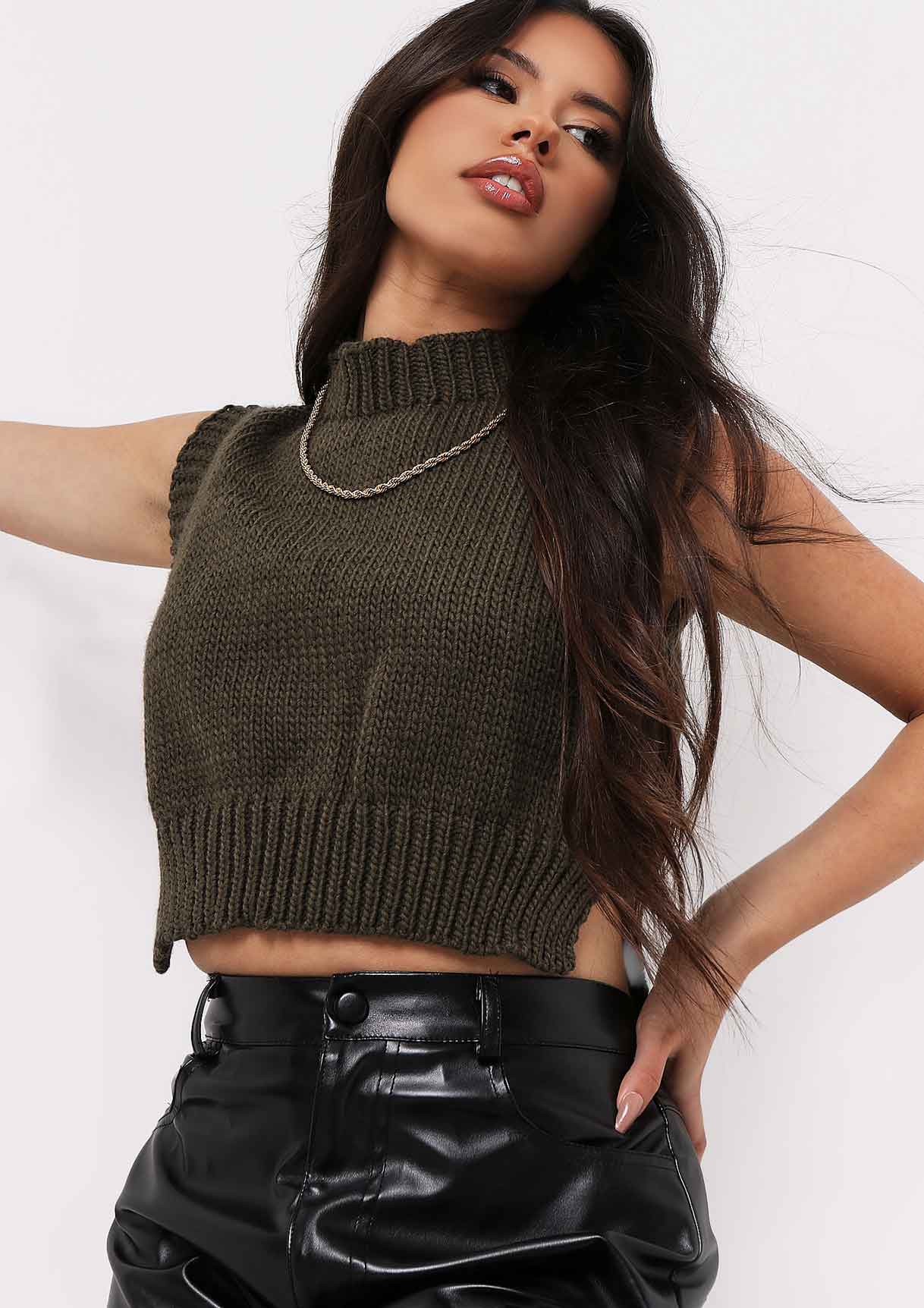 Ariana Khaki Cropped Knitted Sleeveless Vest