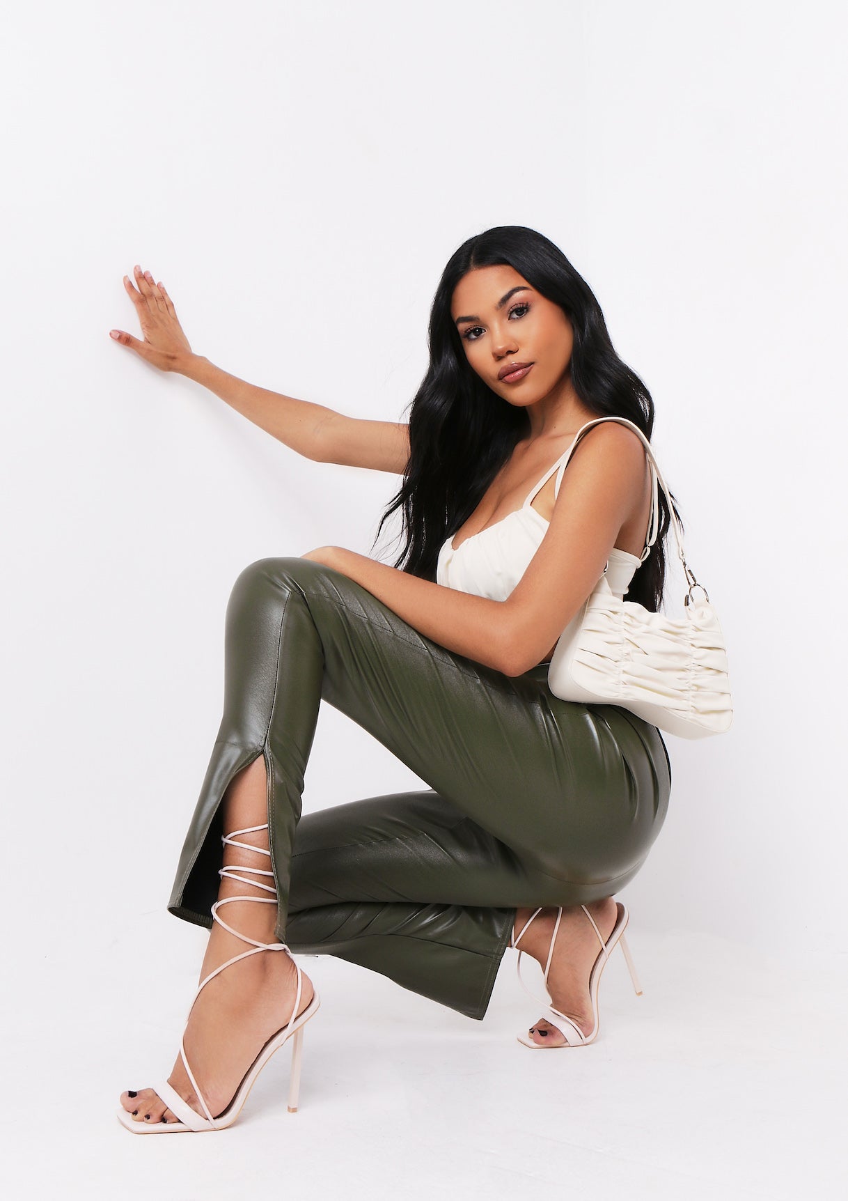 Georgie Khaki Vegan Leather Side Split Leggings