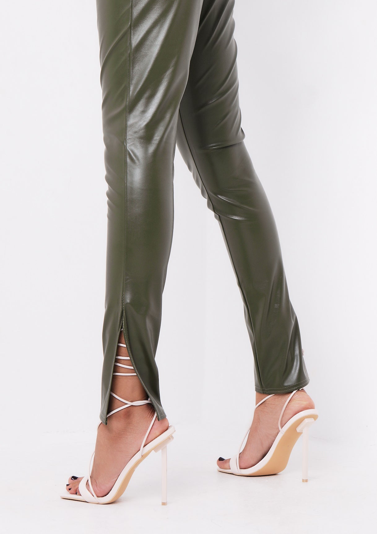 Georgie Khaki Vegan Leather Side Split Leggings