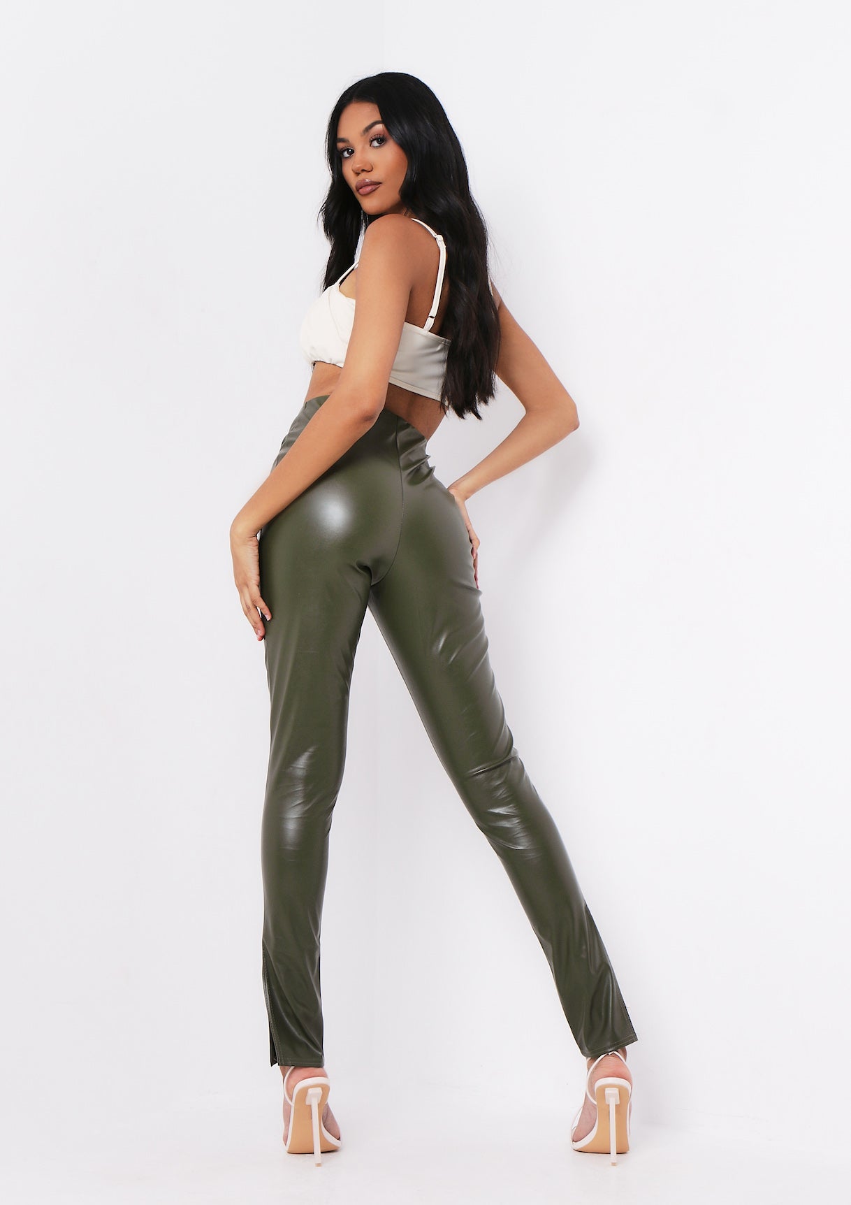 Georgie Khaki Vegan Leather Side Split Leggings