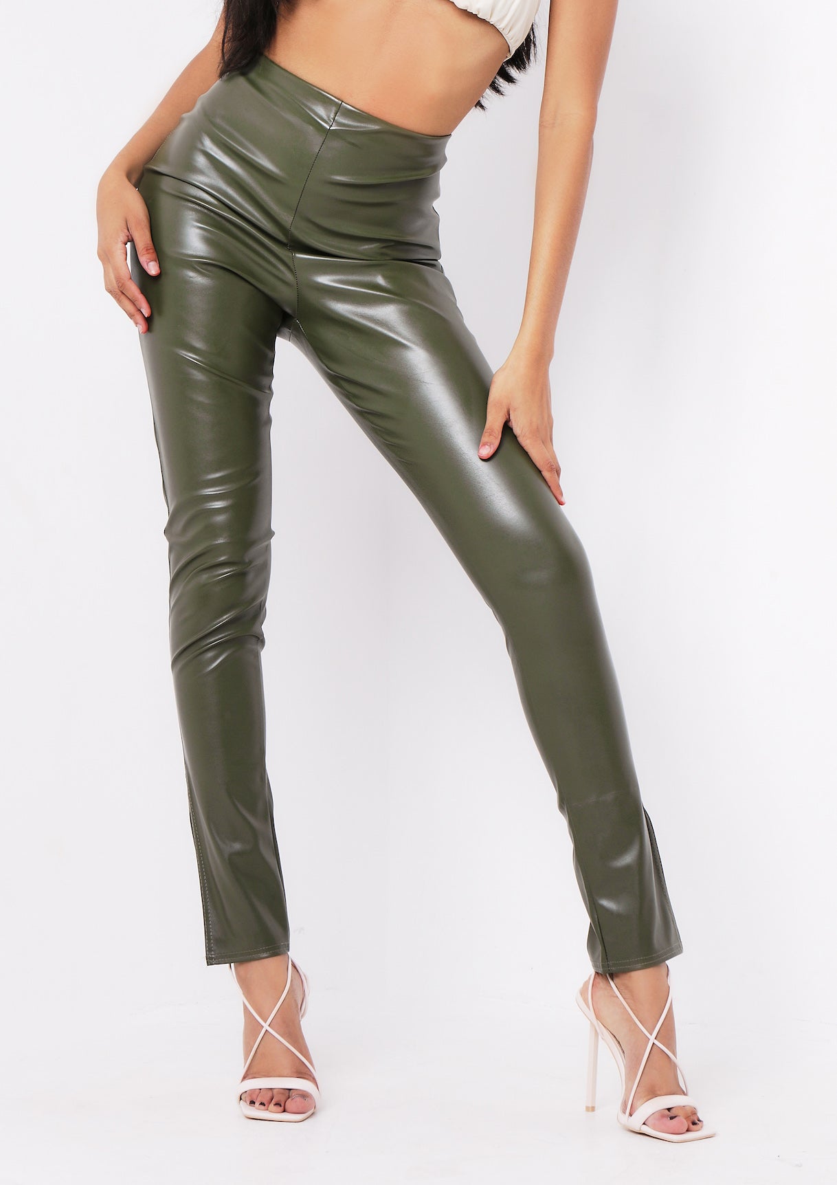 Georgie Khaki Vegan Leather Side Split Leggings