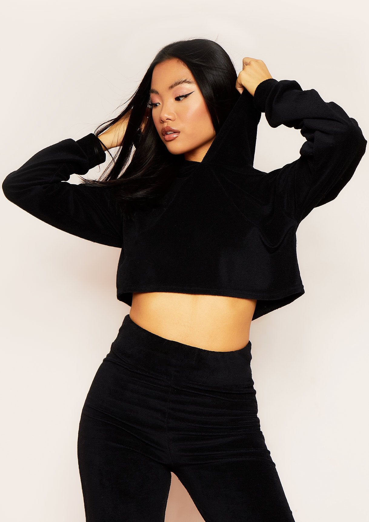 Grace Black Velour Cropped Hoodie