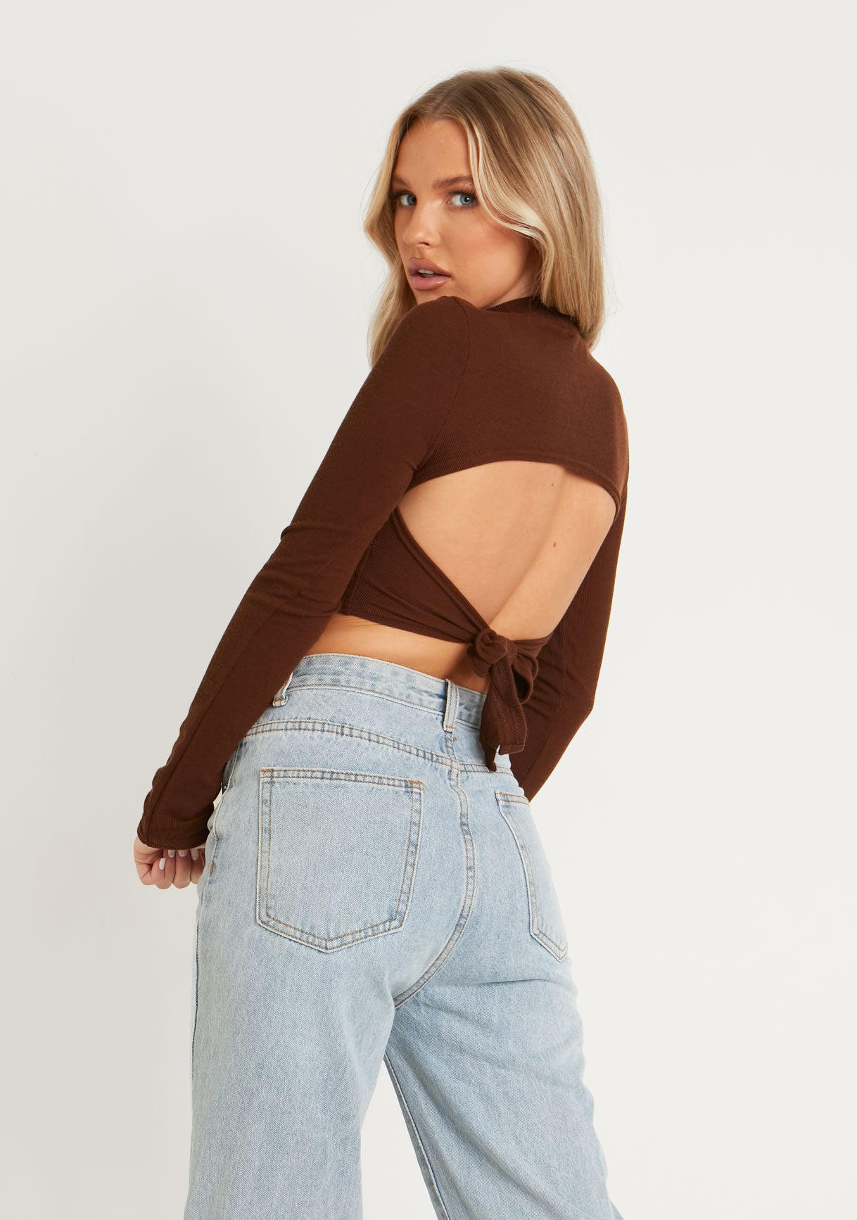 Calli Chocolate Ribbed High Neck Tie Back Long Sleeve Crop Top