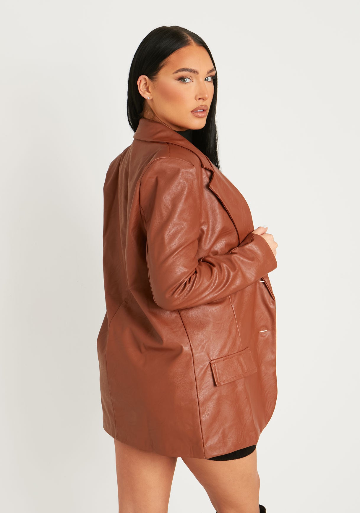 Jess Chocolate Faux Leather Oversized Blazer