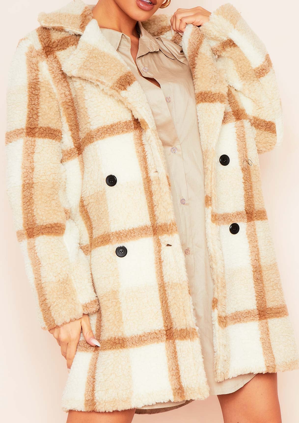 Calila Beige Checked Borg Jacket