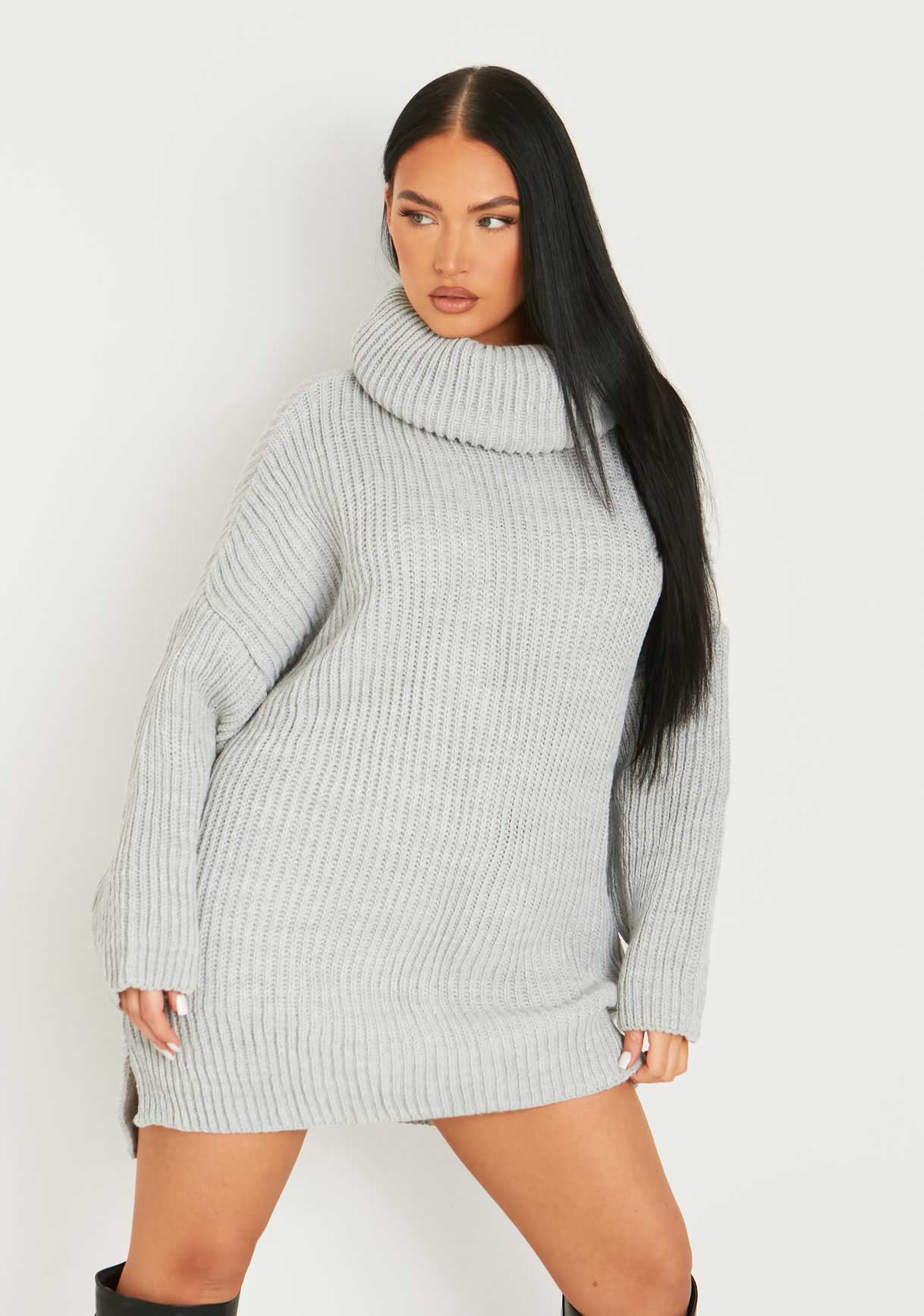 Courtney Light Grey Roll Neck Knitted Dip Hem Jumper Dress