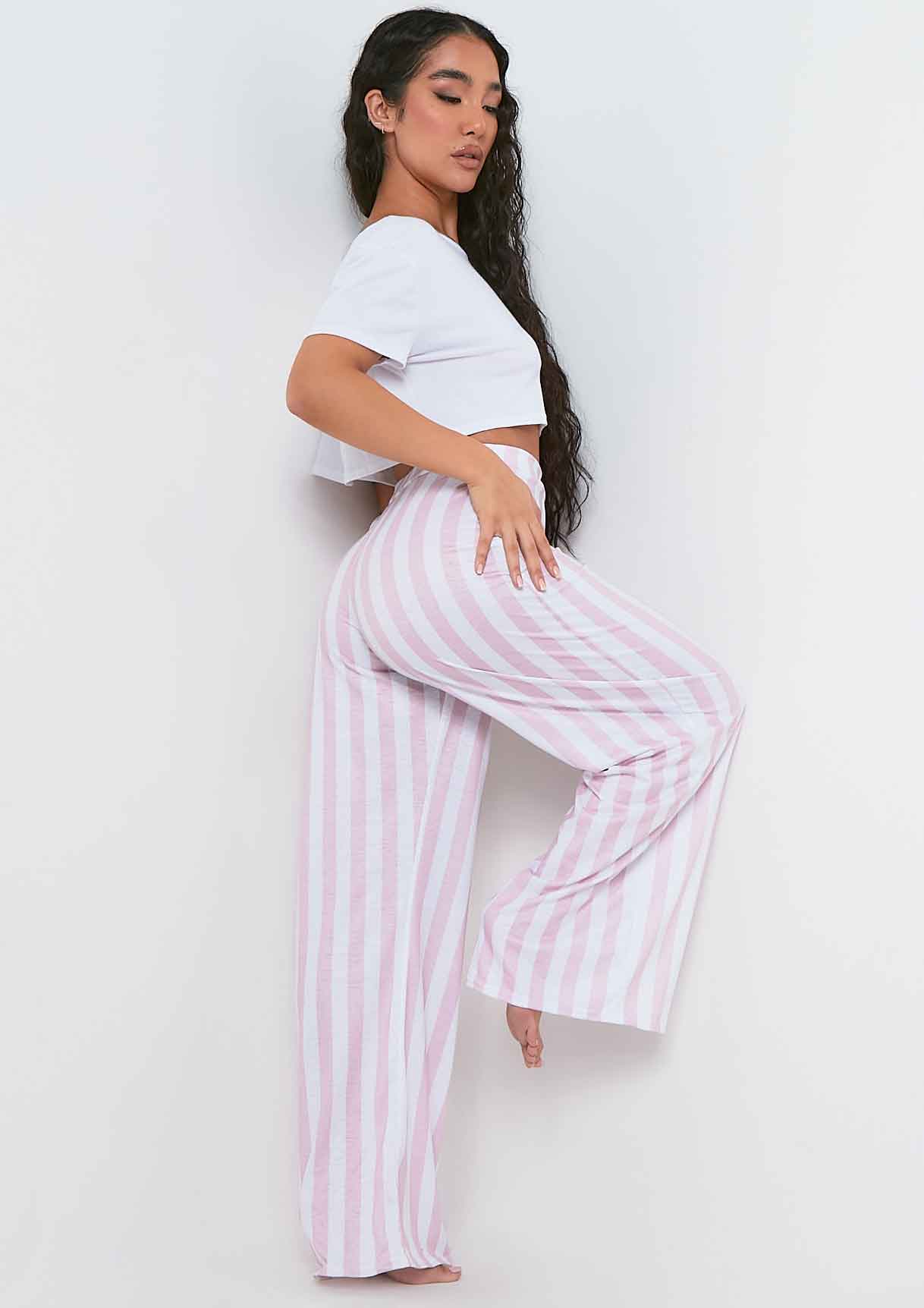 Caitlin White & Pink Stripe T-Shirt and Trouser Pyjama Set