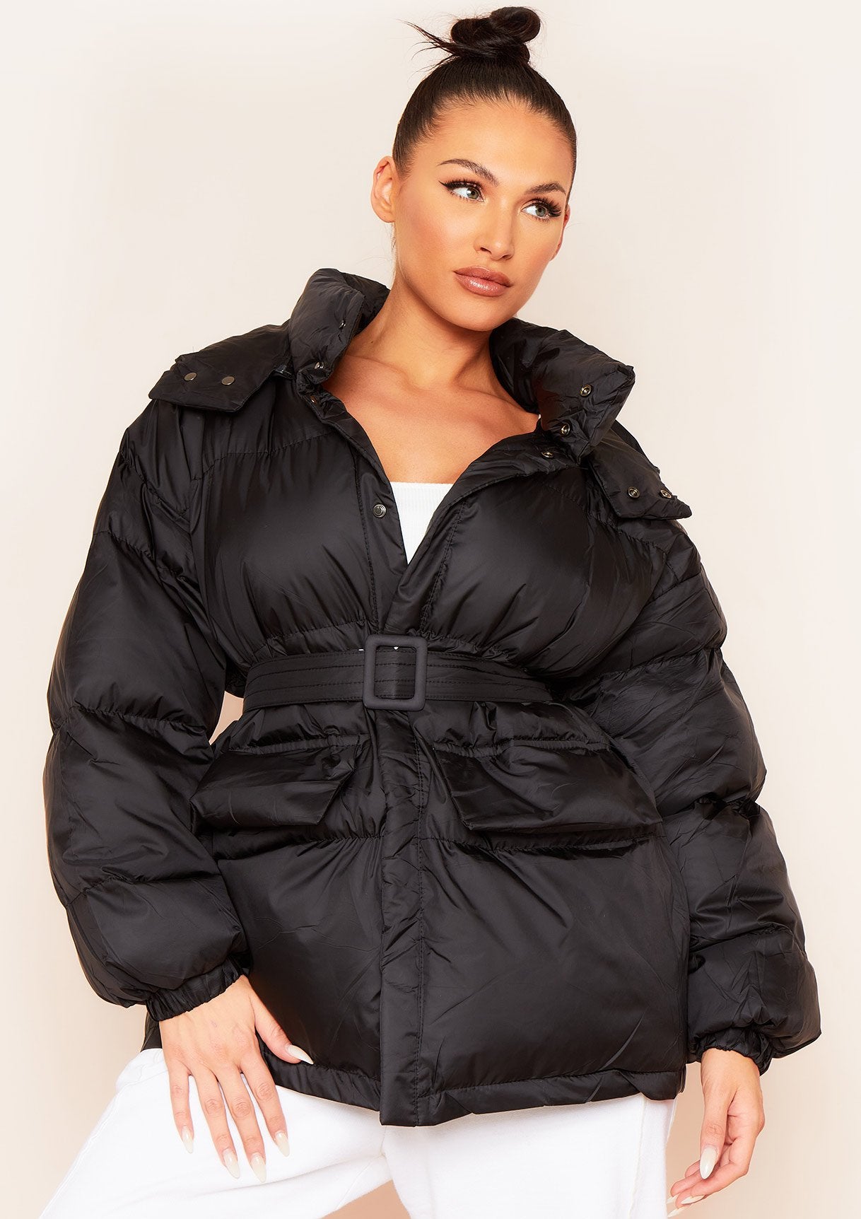 Jamie Black Belted Waist Puffer Coat