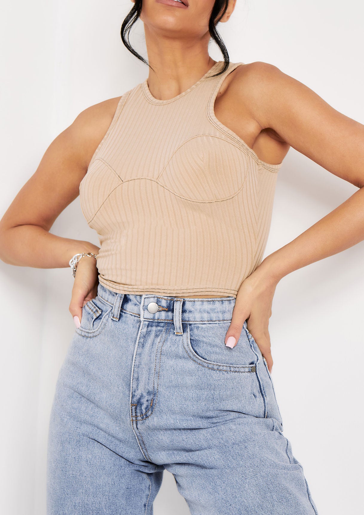 Marni Beige Contrast Stitch Cupped Racer Ribbed Crop Top