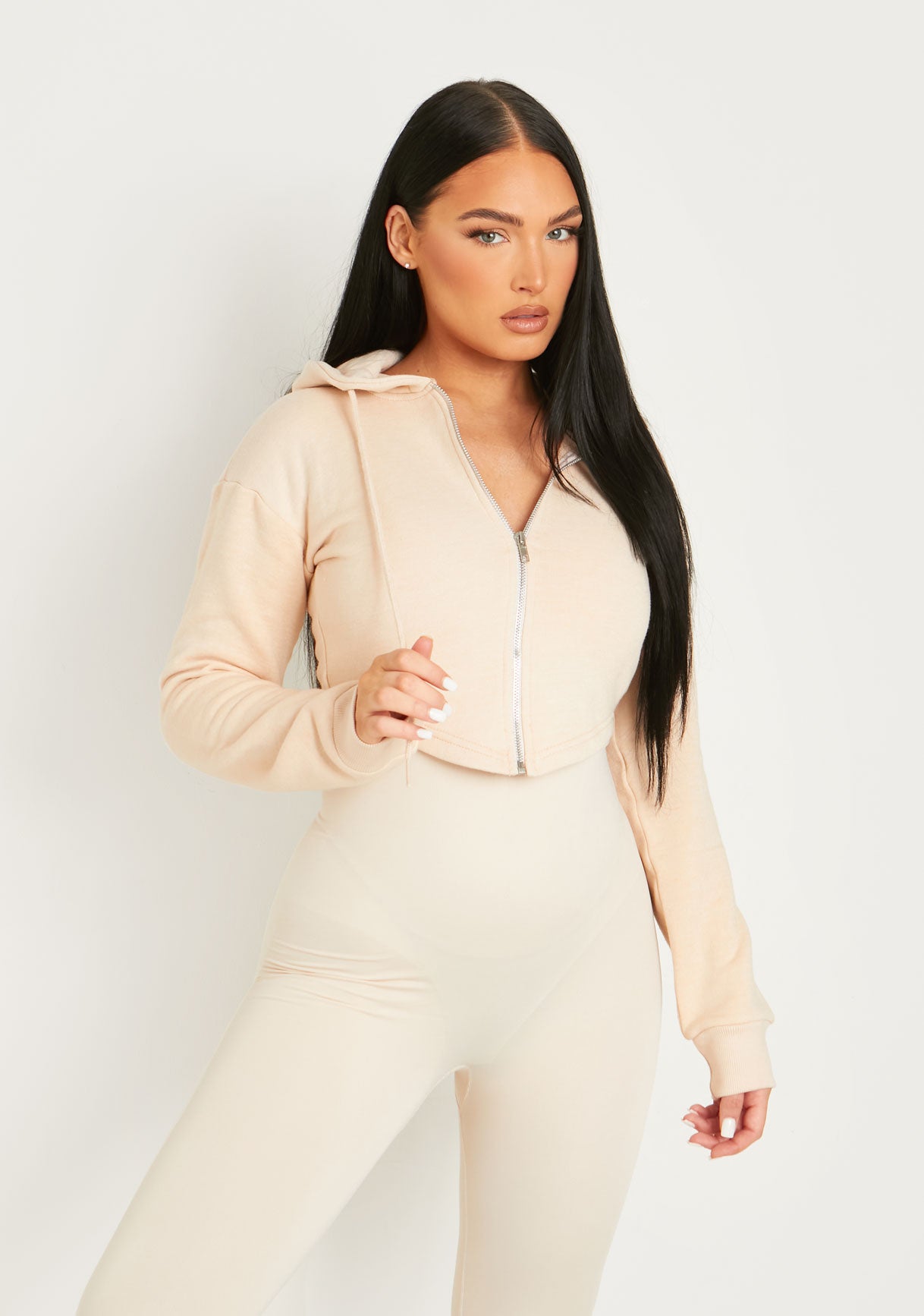 Daniella Beige Dip Hem Zip Up Cropped Hoodie