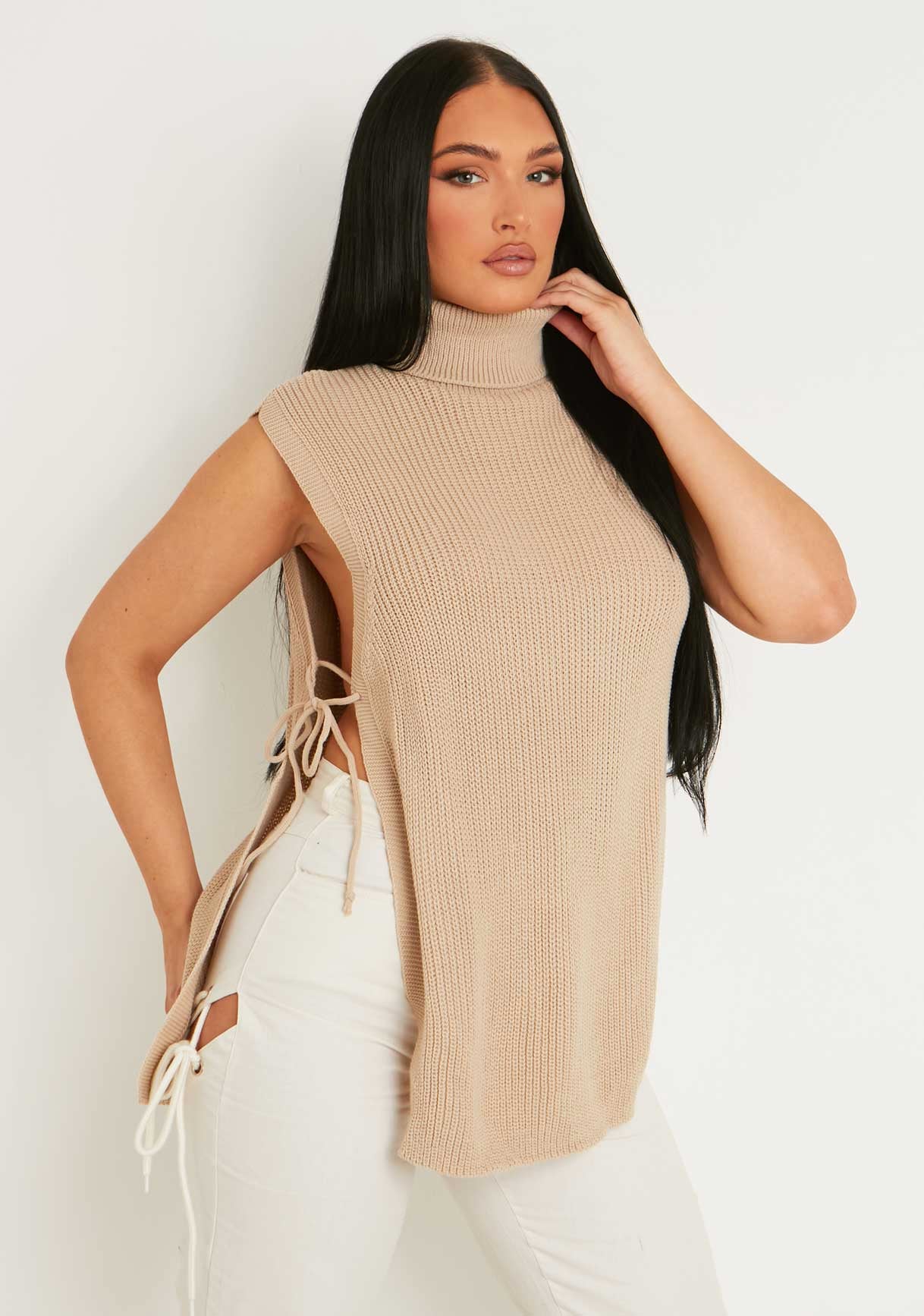 Cheryl Beige Knitted Roll Neck Tie Side Vest