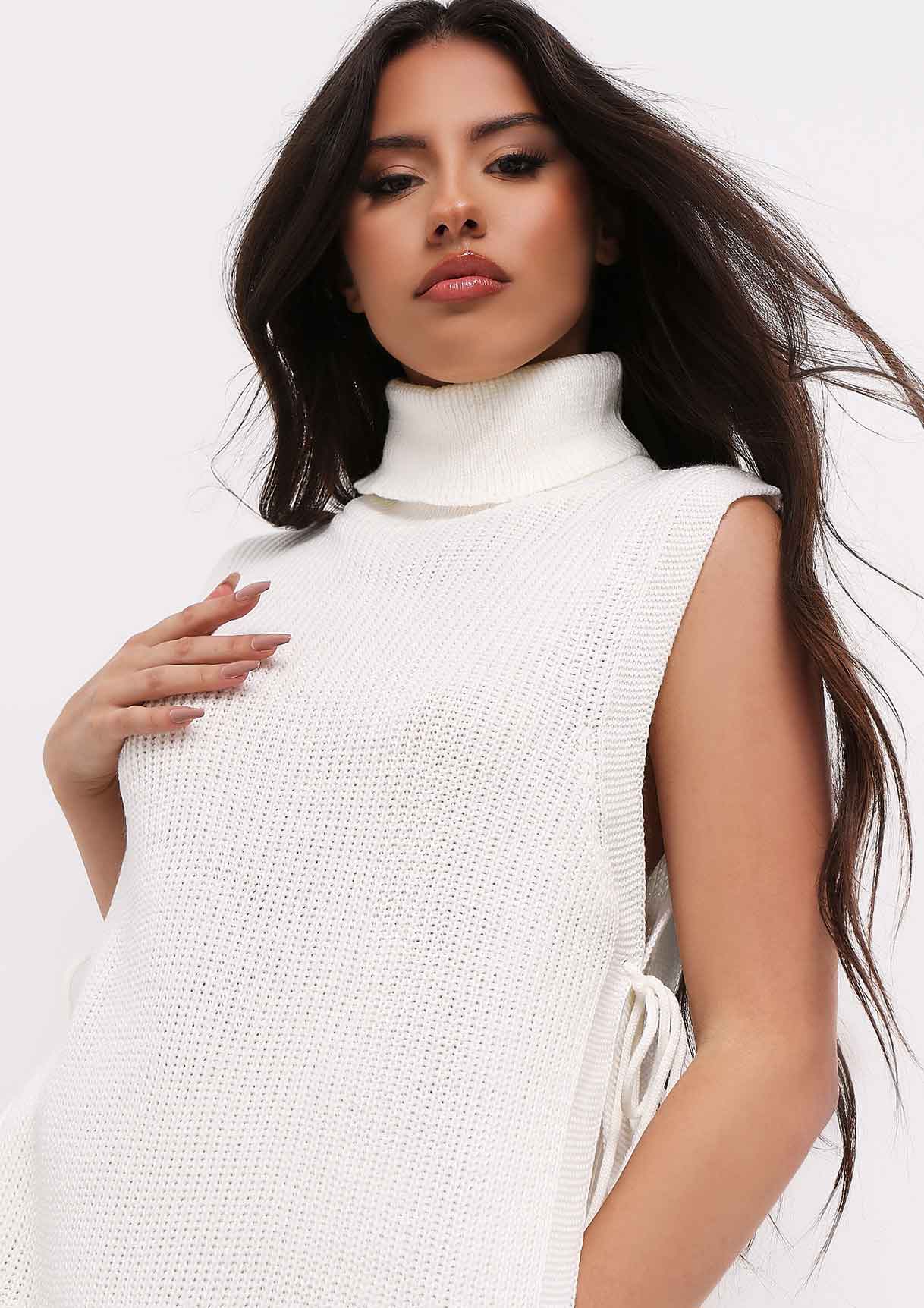 Cheryl Cream Knitted Roll Neck Tie Side Vest