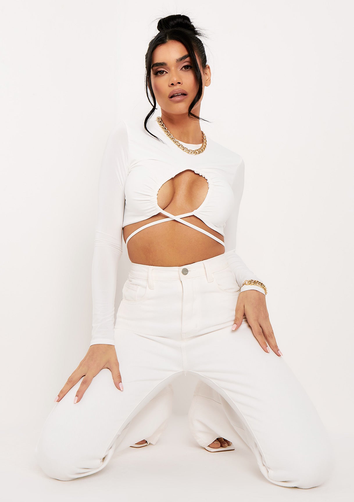 Faith Ivory Slinky Ruched Front Tie Waist Crop Top