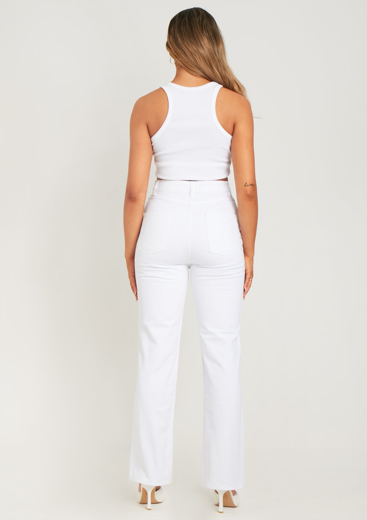 Frankie White Denim Waist Detail Wide Leg Jeans