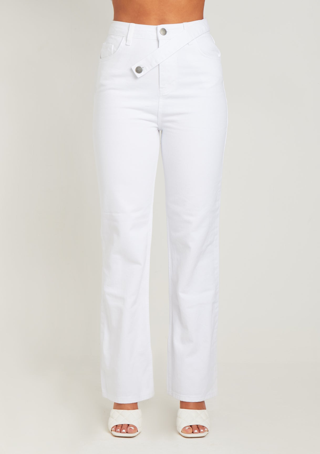 Frankie White Denim Waist Detail Wide Leg Jeans