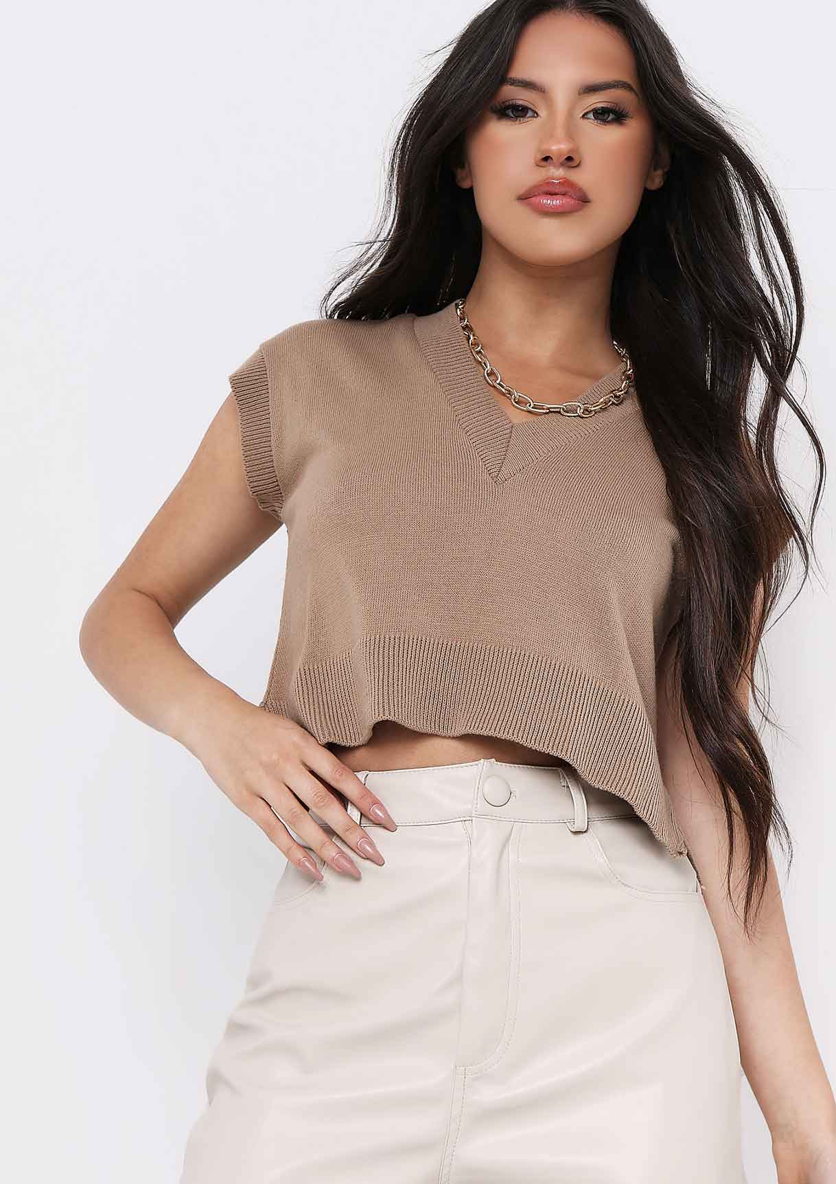 Ezra Mocha V Neck Wide Fit Cropped Knitted Vest