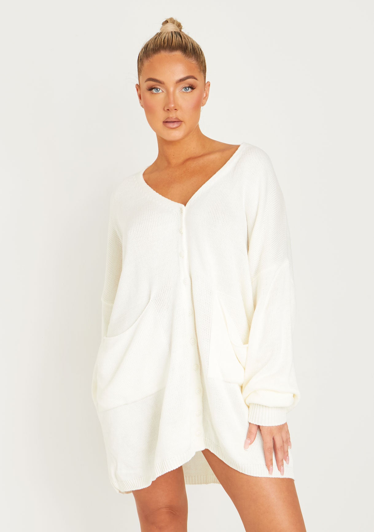 Freya Cream Knitted Oversized Button Through V-Neck Cardigan Dress