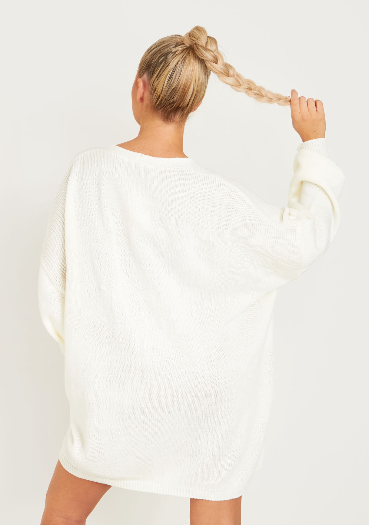 Freya Cream Knitted Oversized Button Through V-Neck Cardigan Dress