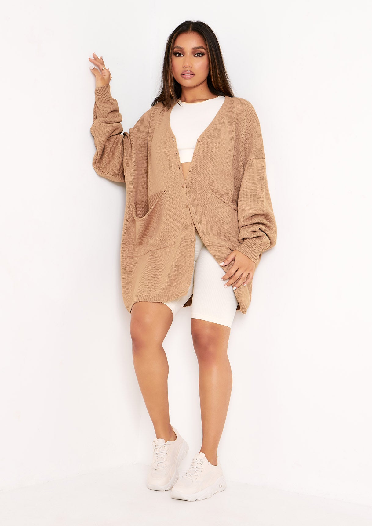 Freya Mocha Knitted Oversized Button Through V-Neck Cardigan Dress