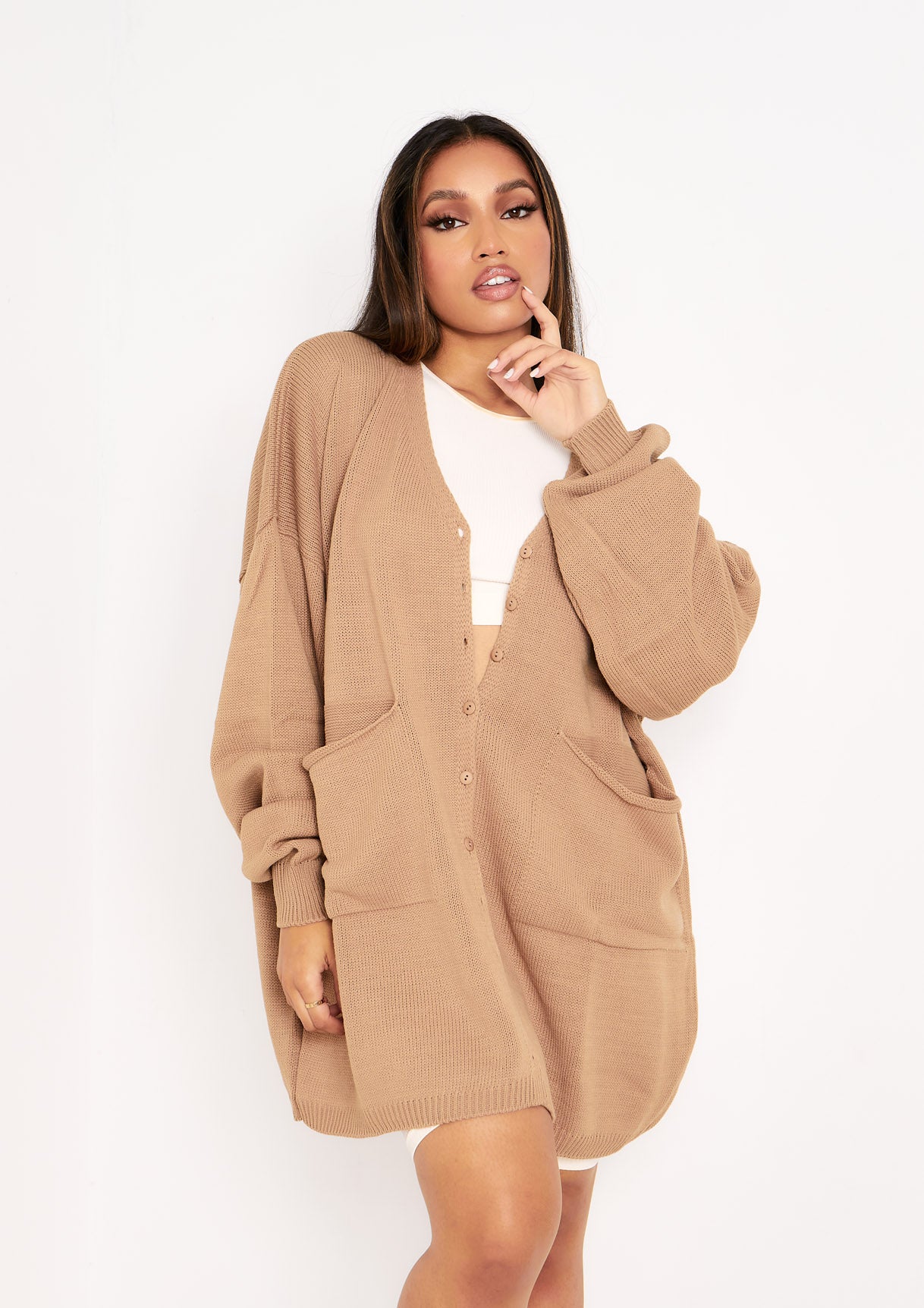 Freya Mocha Knitted Oversized Button Through V-Neck Cardigan Dress