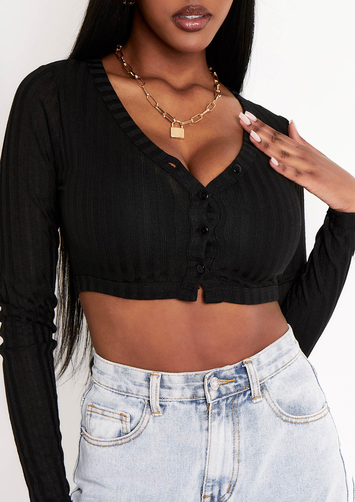 Holli Black Sheer Cropped Button Through Cardigan