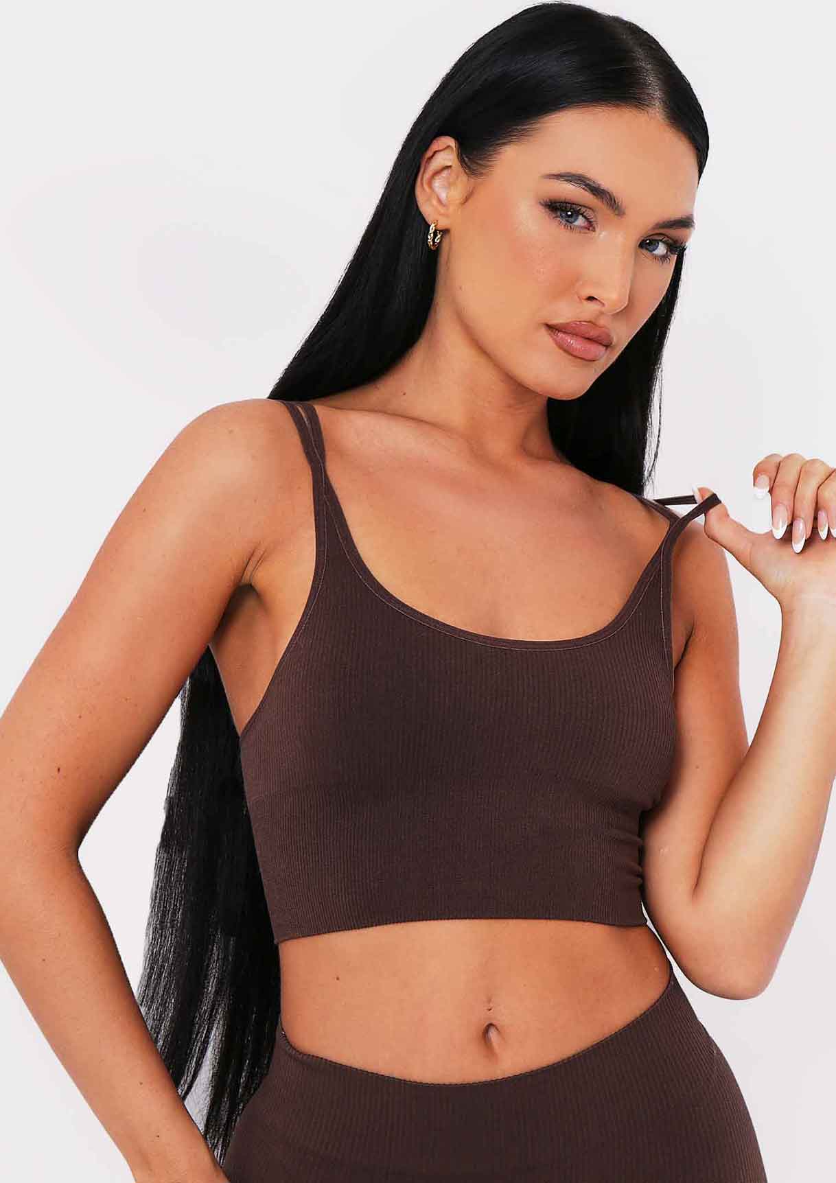 Kara Chocolate Seamless Ribbed Scoop Neck Double Strap Crop Top