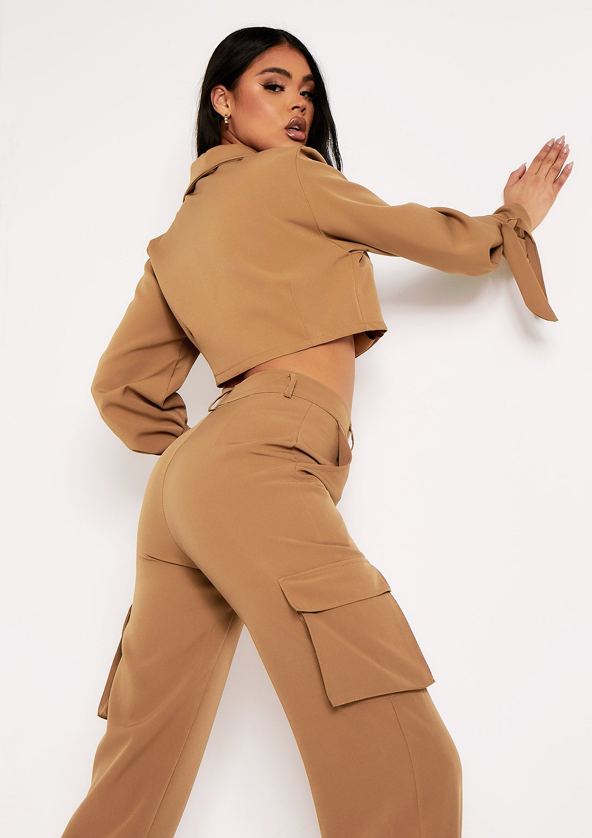 Emma Camel Tie Detail Cropped Blazer