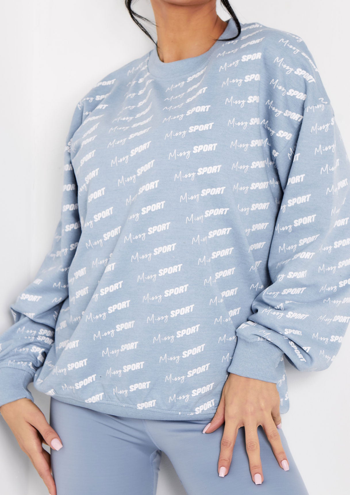 Cali Mid Blue Missy Sport Repeat Branded Print Oversized Sweatshirt