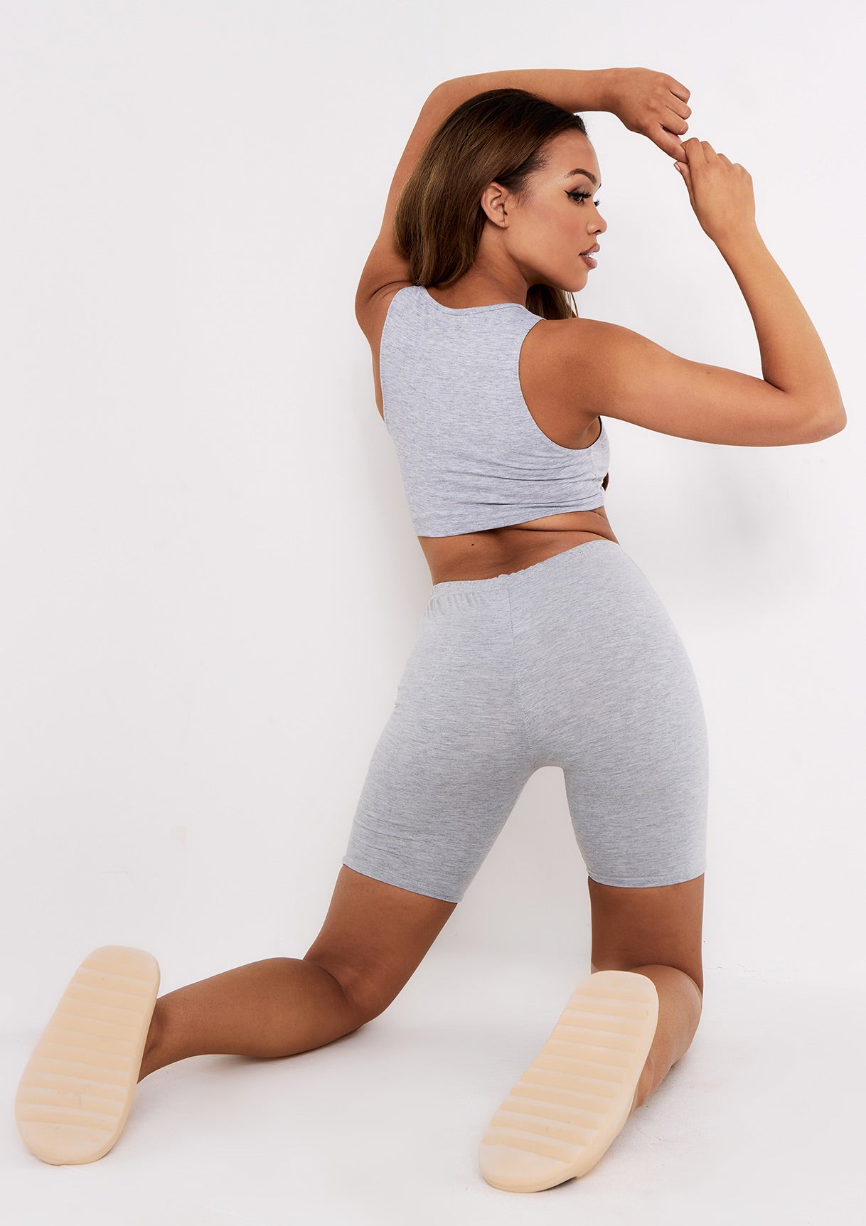 Dahlia Grey Knot Front Thick Plunge Jersey Crop Top