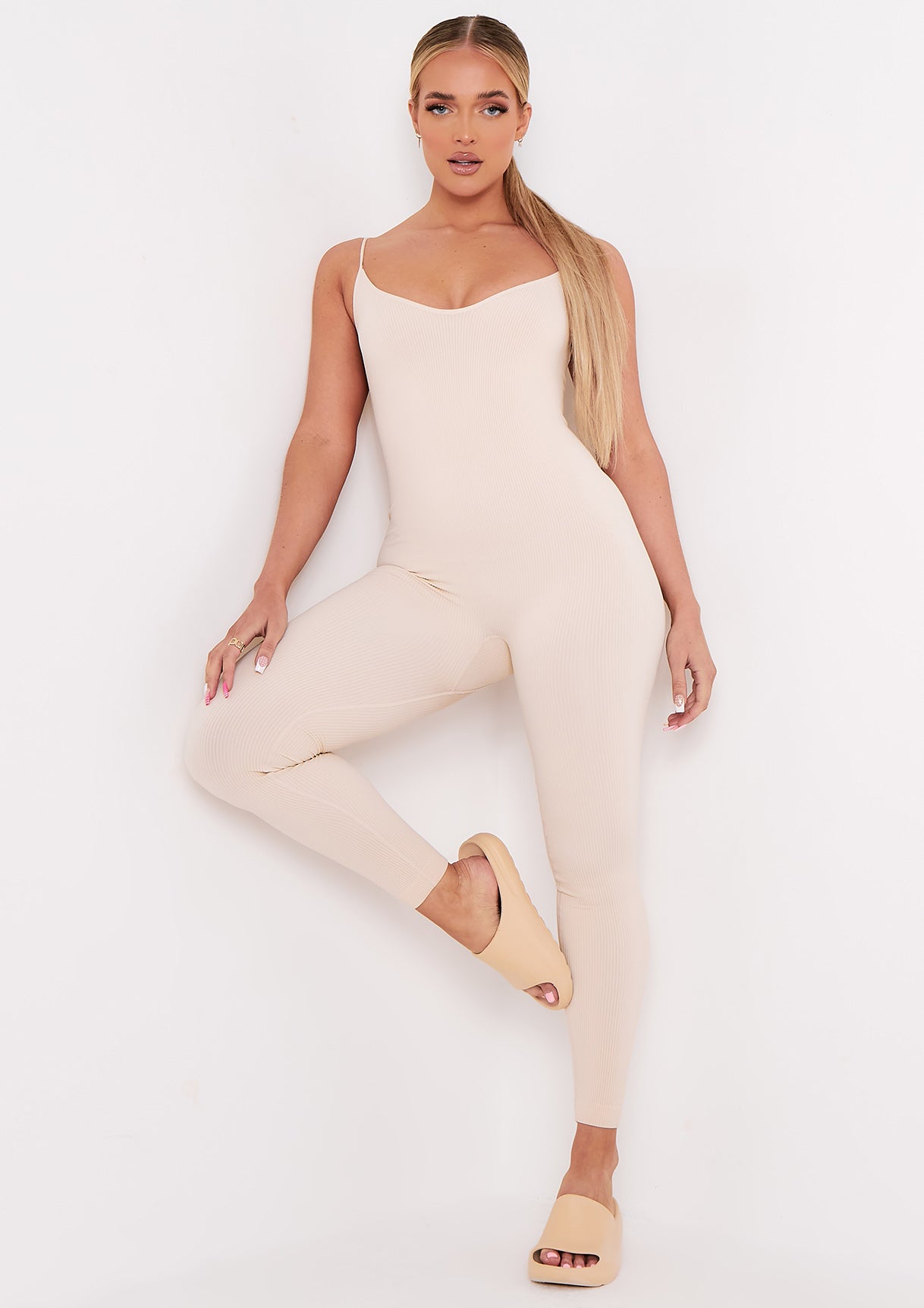 Kora Cream Ribbed Seamless Strappy Jumpsuit