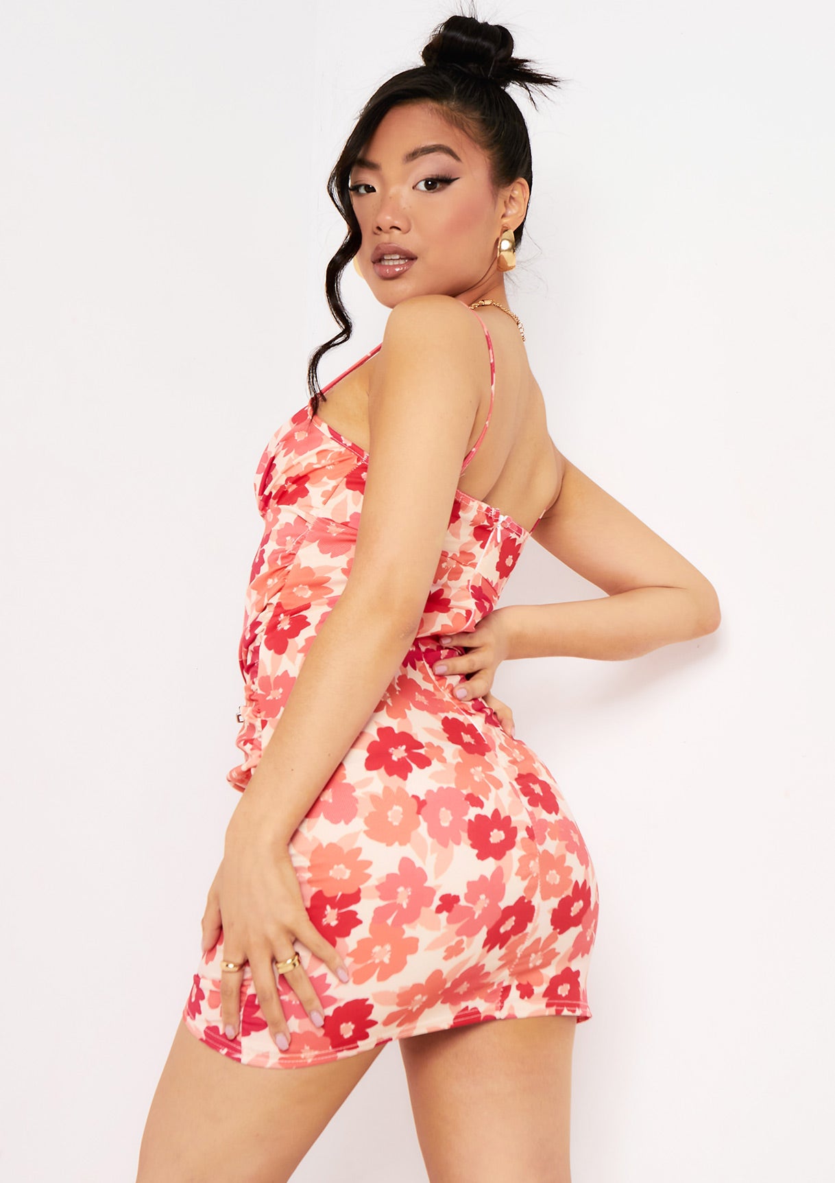 Kaiya Coral Floral Ruched Front Strappy Mini Dress