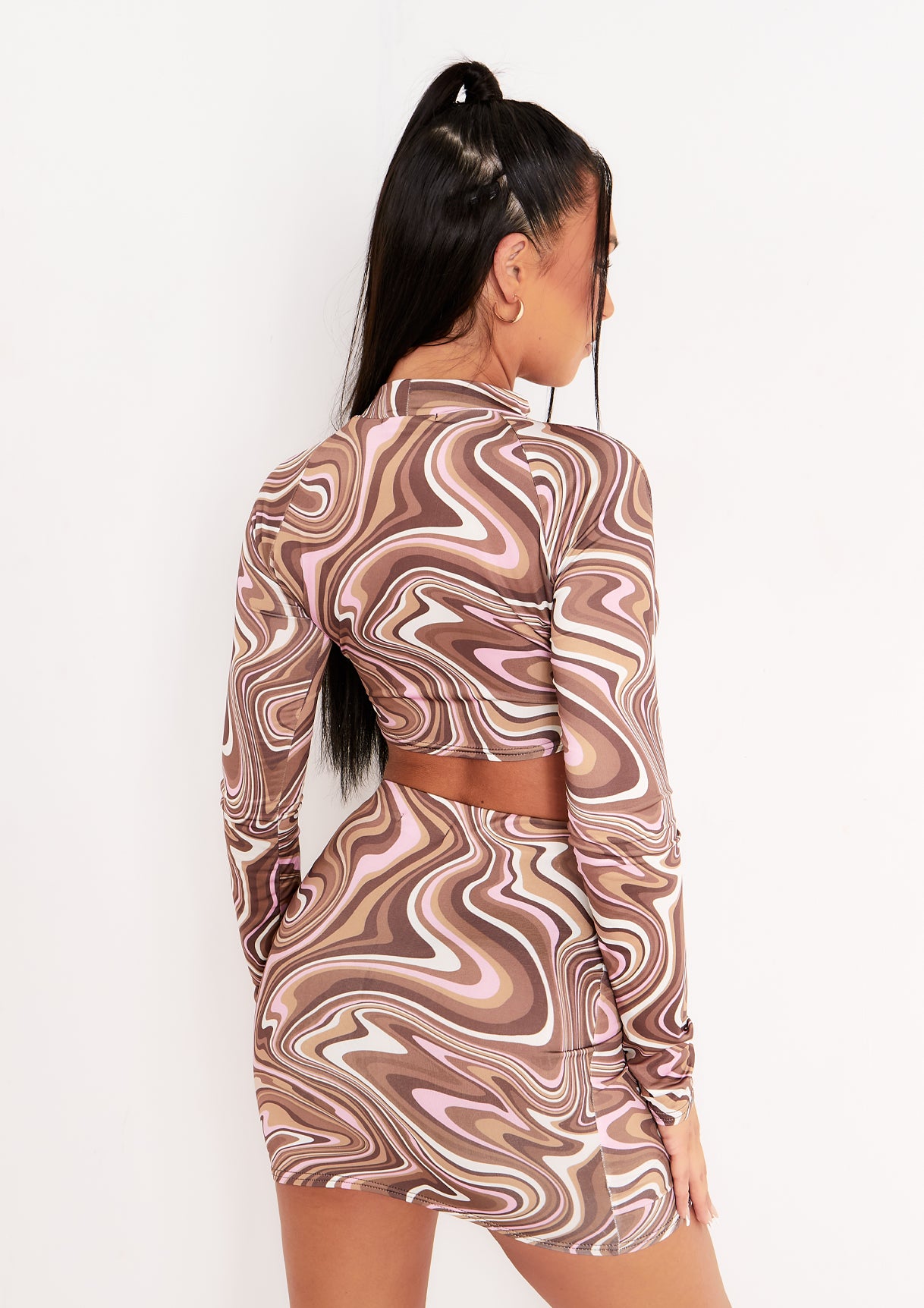 Keeley Brown Swirl Print Cut Out Long Sleeve Crop Top