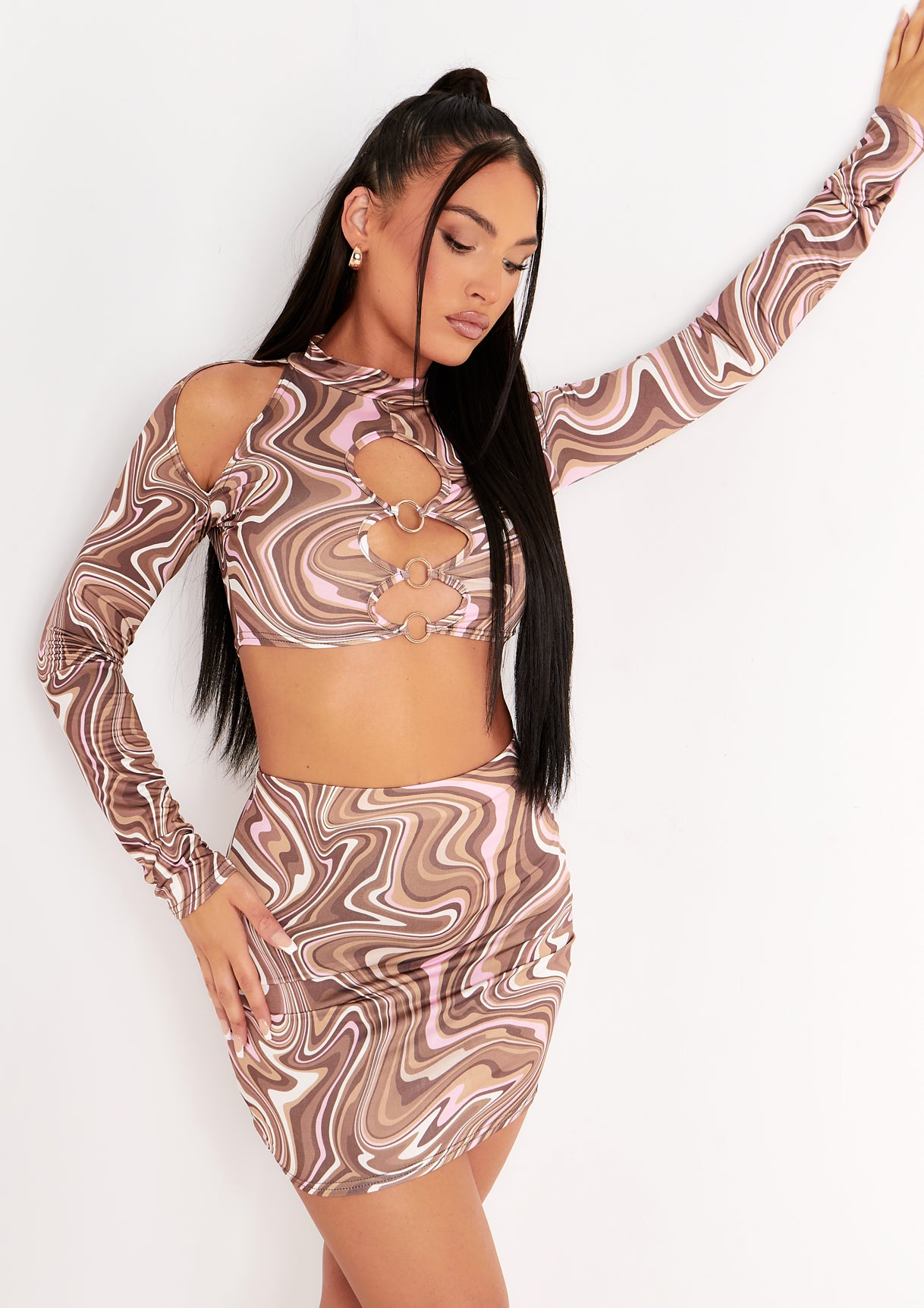 Keeley Brown Swirl Print Cut Out Long Sleeve Crop Top