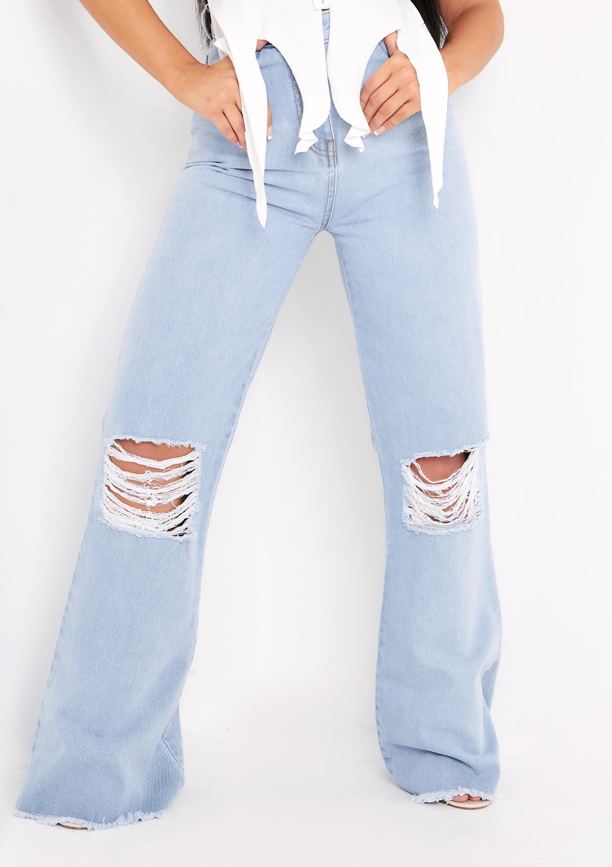 Justine Light Blue Wash Wide Leg Ripped Denim Jeans