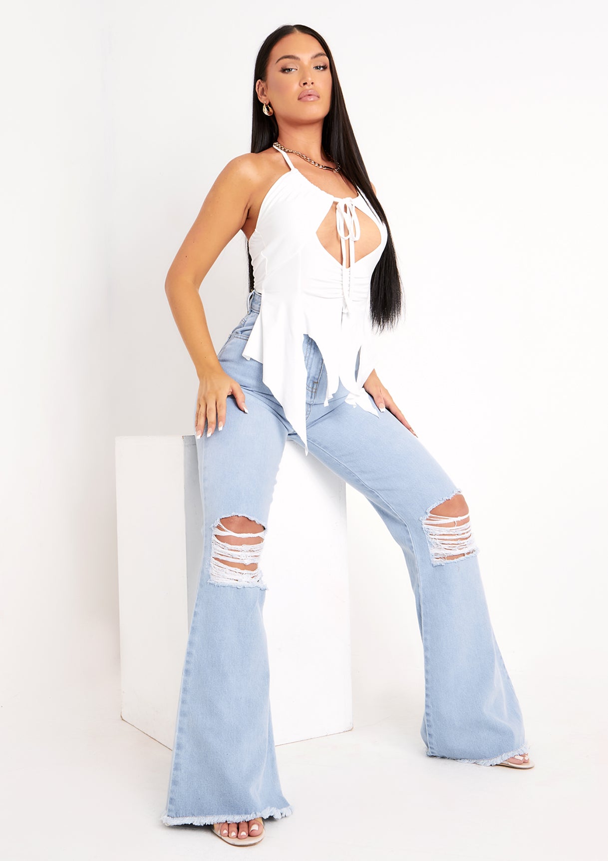 Justine Light Blue Wash Wide Leg Ripped Denim Jeans