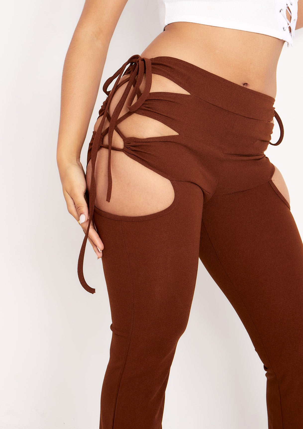 Lexy Chocolate Cut Out Lace Up Flared Trousers