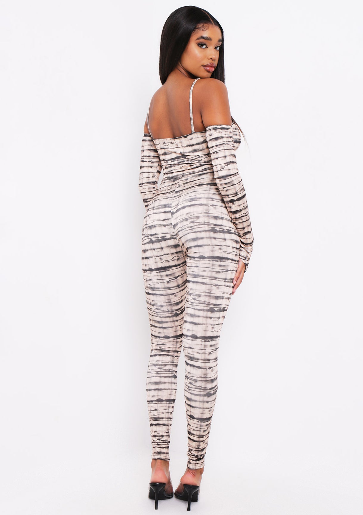 Lavena Beige Print Ring Detail Cross Over Jumpsuit