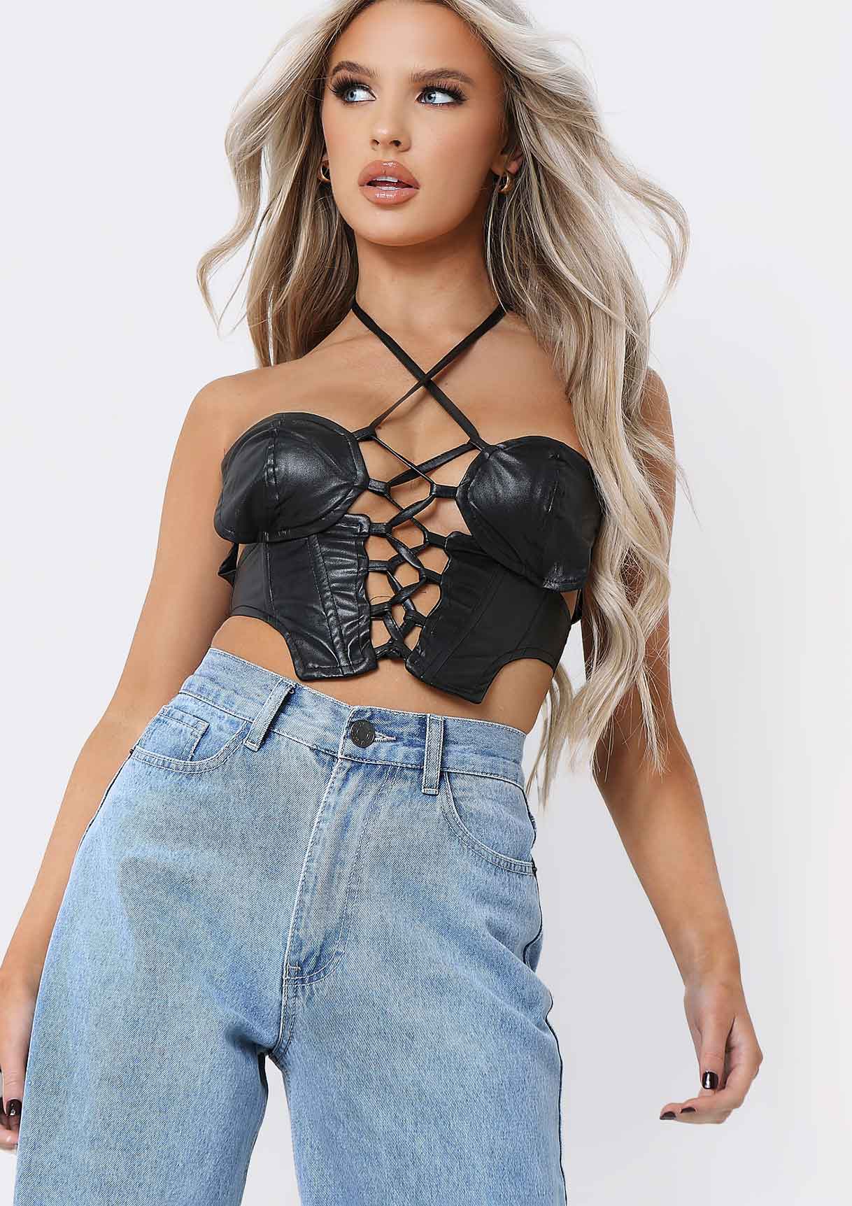 Essie Black PU Lace Up Halterneck Corset Co-ord Top