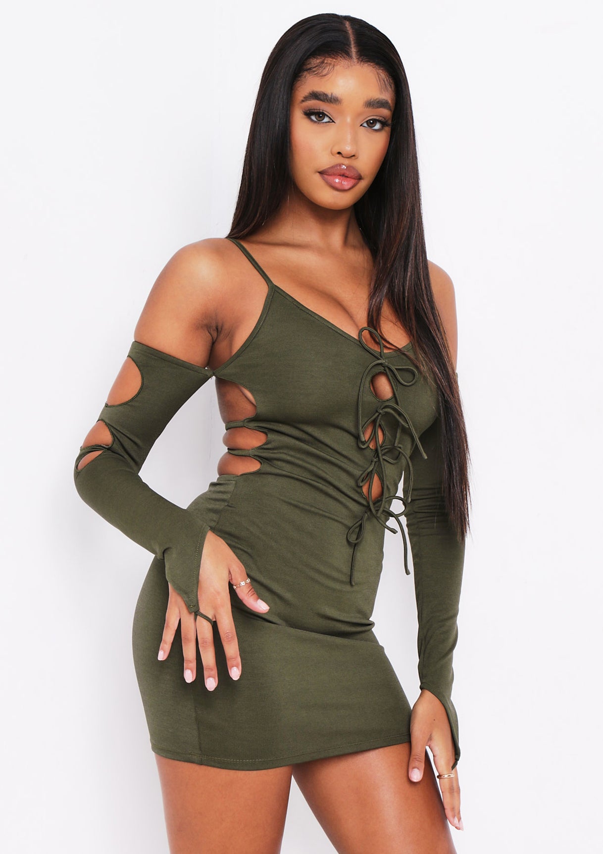 Lalie Khaki Cut Out Tie Mini Dress