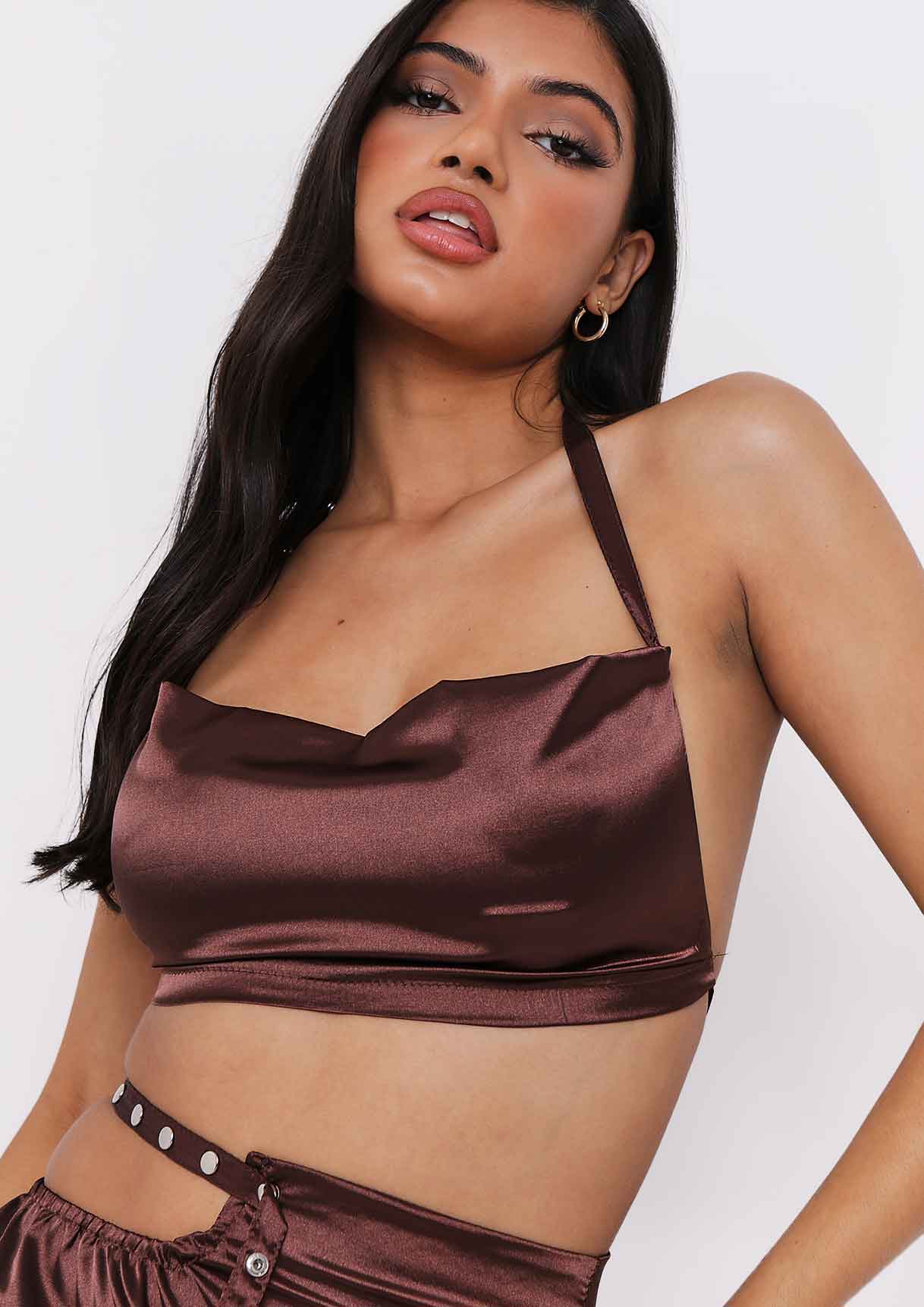 Fabiana Chocolate Halterneck Satin Metal Strap Top