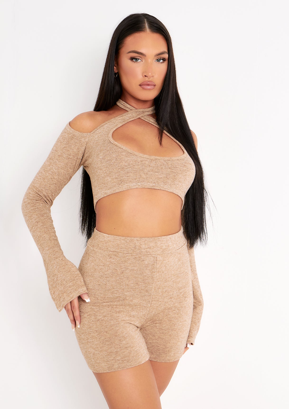 Helena Beige Knitted Halterneck Cut Out Crop Top